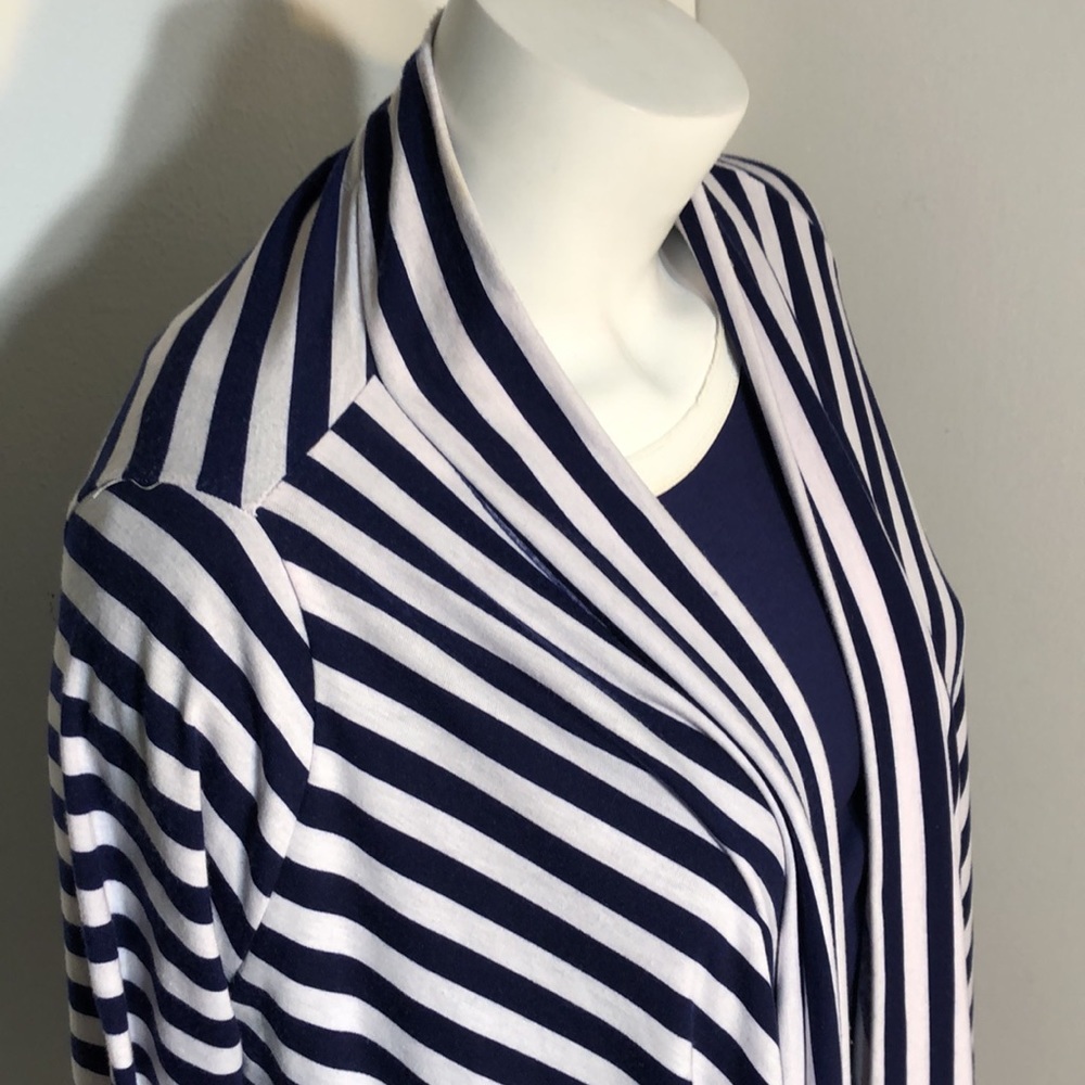 Miuse Navy Stripe Cascading Open Front Stretchy Knit Cardigan Jacket - Picture 4 of 8